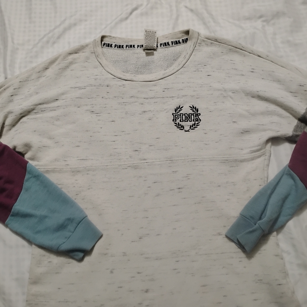 Victoria's Secret PINK White Marled Sweatshirt with Teal and Plum Sleeves